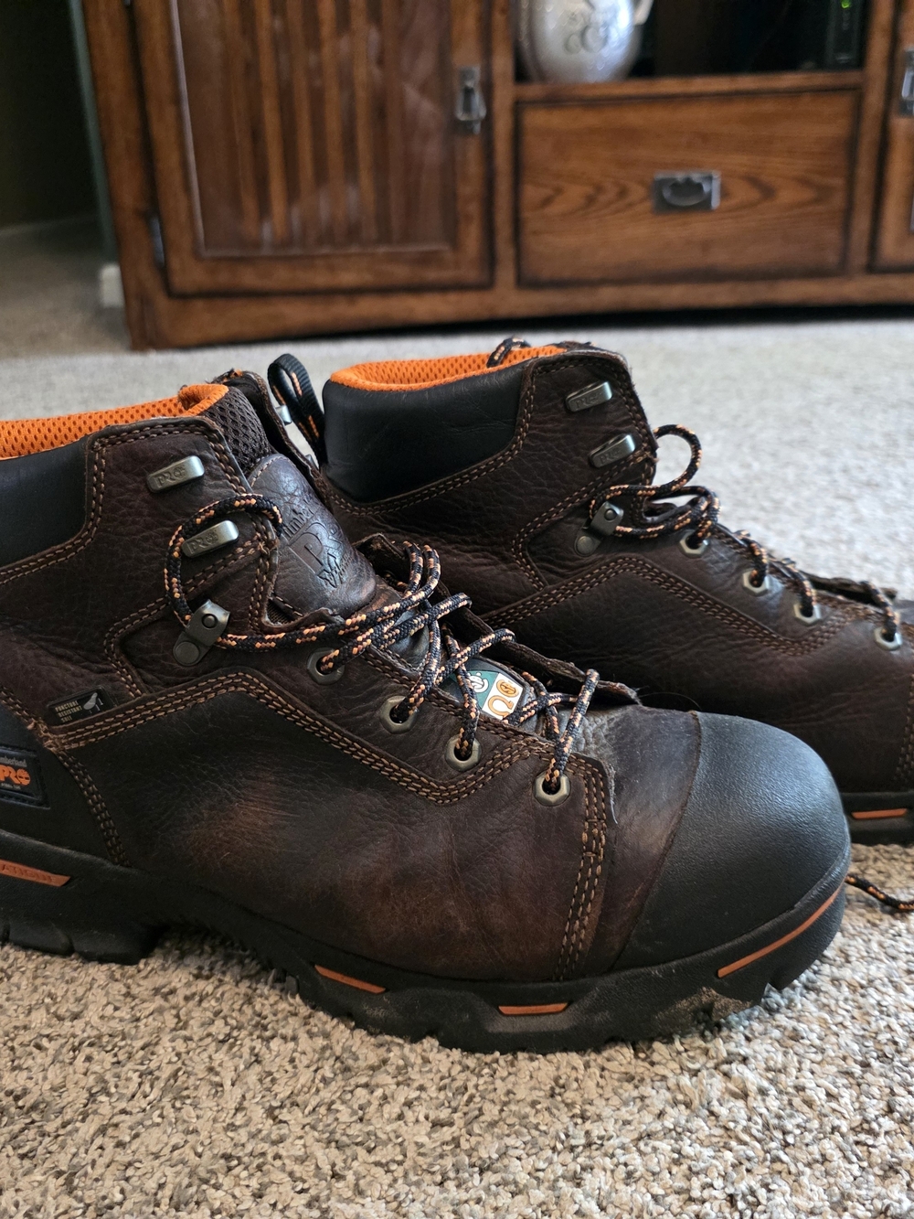 Timberland PRO Brown Leather Work Boots with Orange Lining
